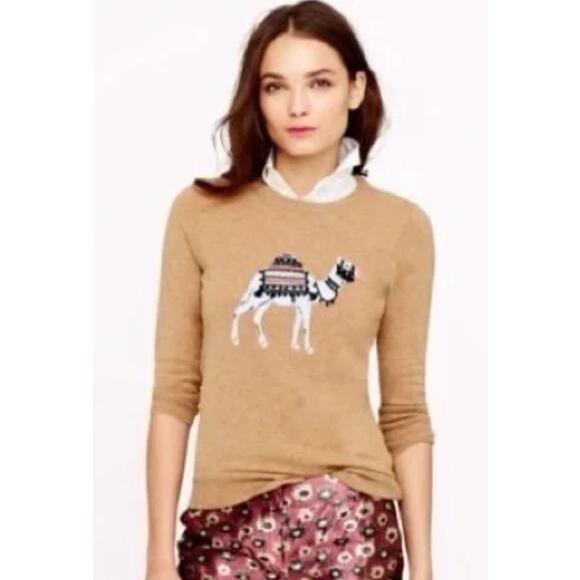 J Crew Sz S Cashmere Wool Blend Embroidered Camel Crewneck Sweater Neutral - Picture 1 of 11